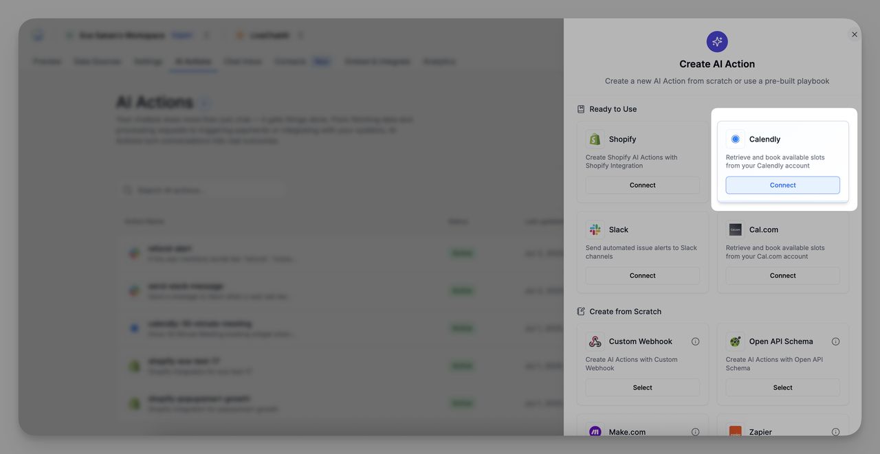 Screenshot of the “Create AI Action” panel in LiveChatAI, highlighting the “Calendly” tile under the “Ready to Use” section with a visible “Connect” button.