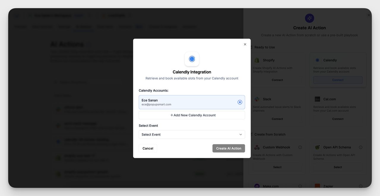 Screenshot of the Calendly Integration popup in LiveChatAI, showing a selected Calendly account and an option to add a new account, with a dropdown to select an event and a “Create AI Action” button.
