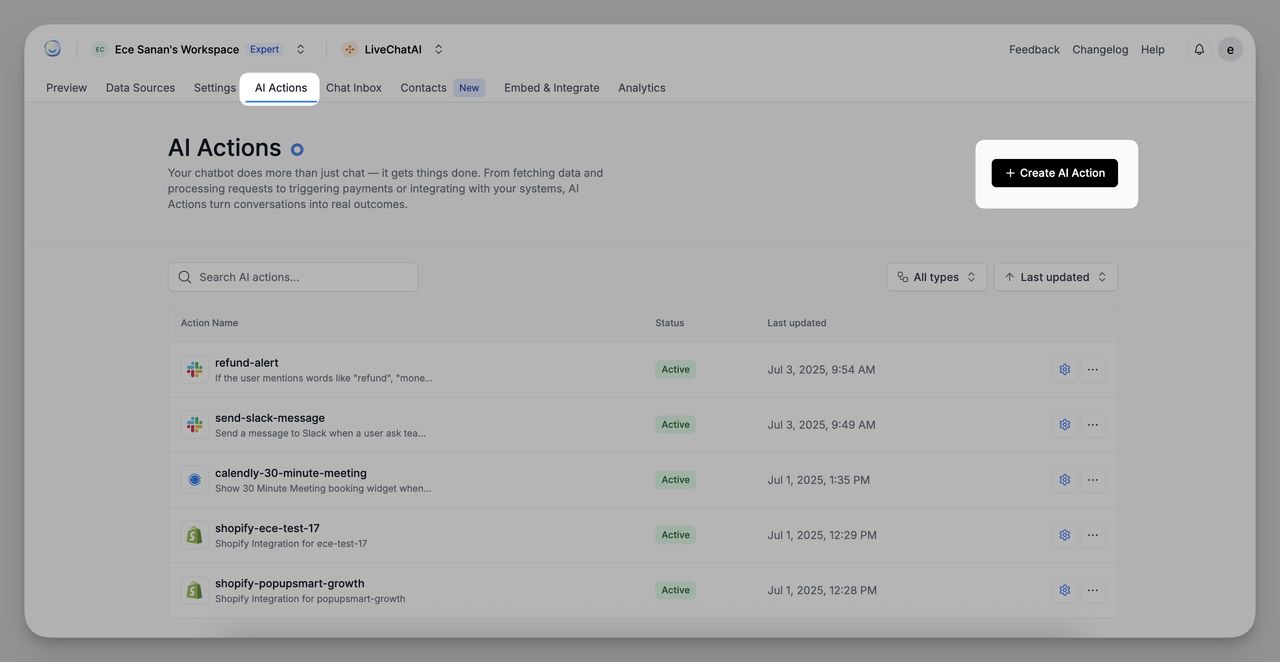 Screenshot of the LiveChatAI dashboard showing the “AI Actions” tab selected and a highlighted “+ Create AI Action” button on the right side.