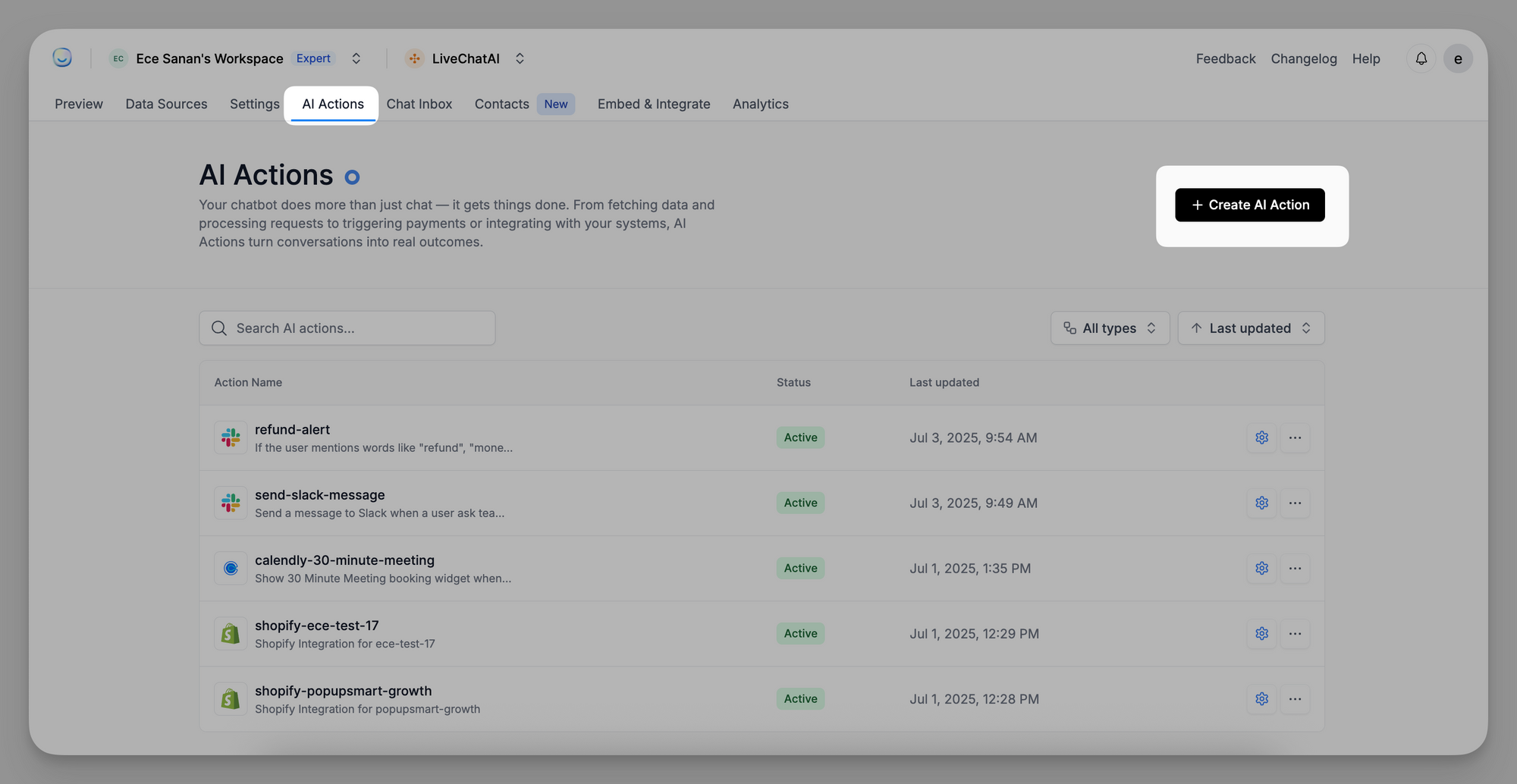 Screenshot of the LiveChatAI dashboard showing the “AI Actions” tab selected and the “+ Create AI Action” button highlighted on the right side of the screen.