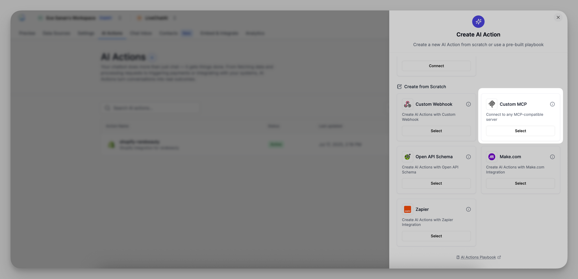 Navigate to your AI Actions tab and select Custom MCP under “Create from Scratch.”