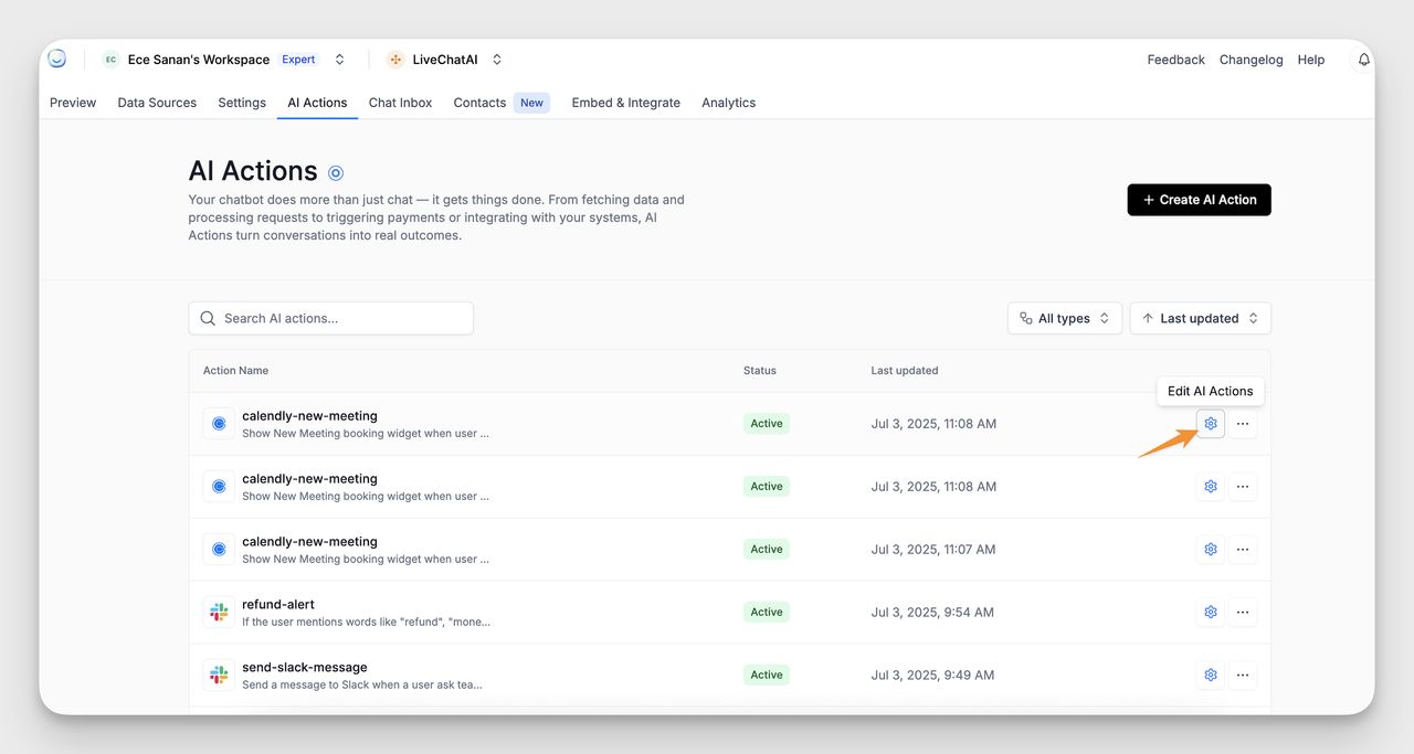 Screenshot of the AI Actions dashboard in LiveChatAI, showing a list of created actions with an orange arrow pointing to the gear icon labeled “Edit AI Actions” next to a Calendly action.