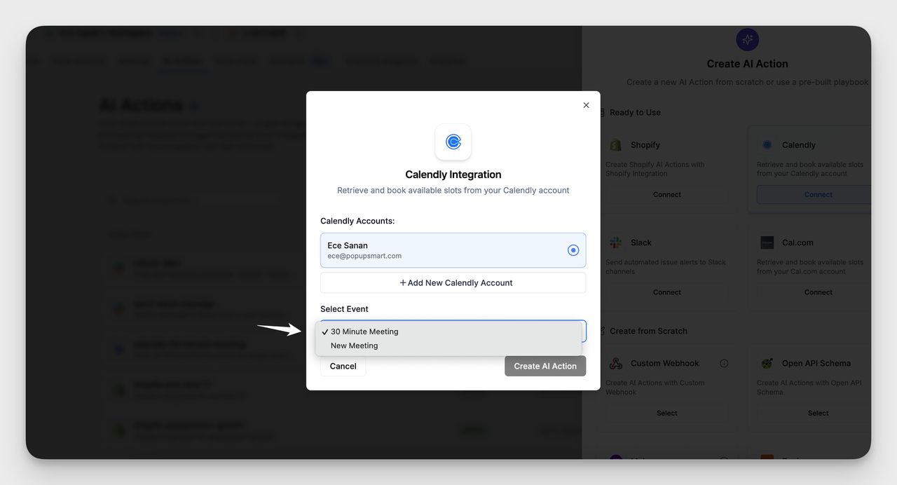 Screenshot of the Calendly Integration popup in LiveChatAI, showing a dropdown menu for selecting an event type, with “30 Minute Meeting” highlighted and selected.