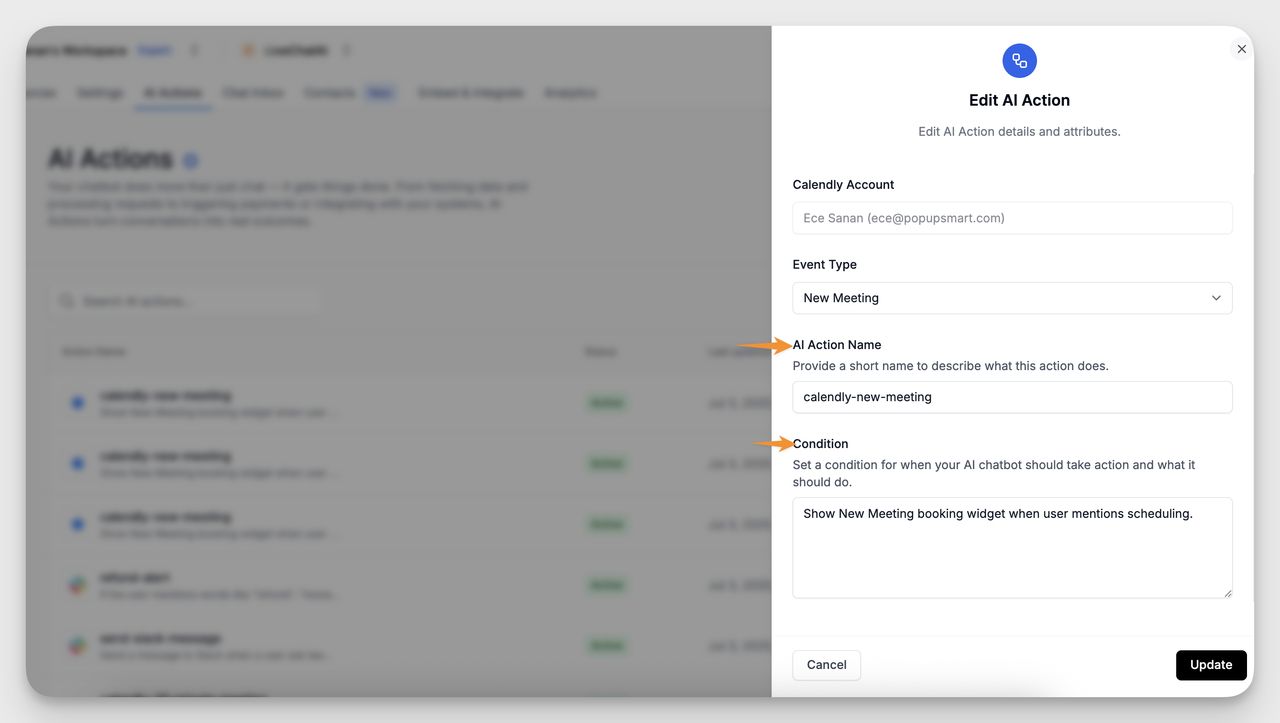 Screenshot of the “Edit AI Action” modal in LiveChatAI, displaying filled fields for Calendly account, event type, AI Action Name, and a Condition that triggers the booking widget when scheduling is mentioned.