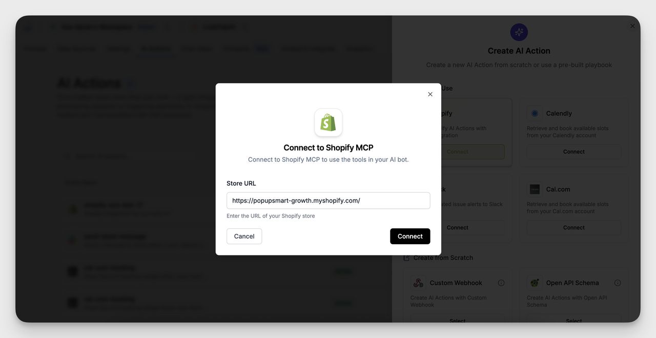 Popup window prompting user to enter Shopify store URL, with the URL field filled in and a Connect button at the bottom.