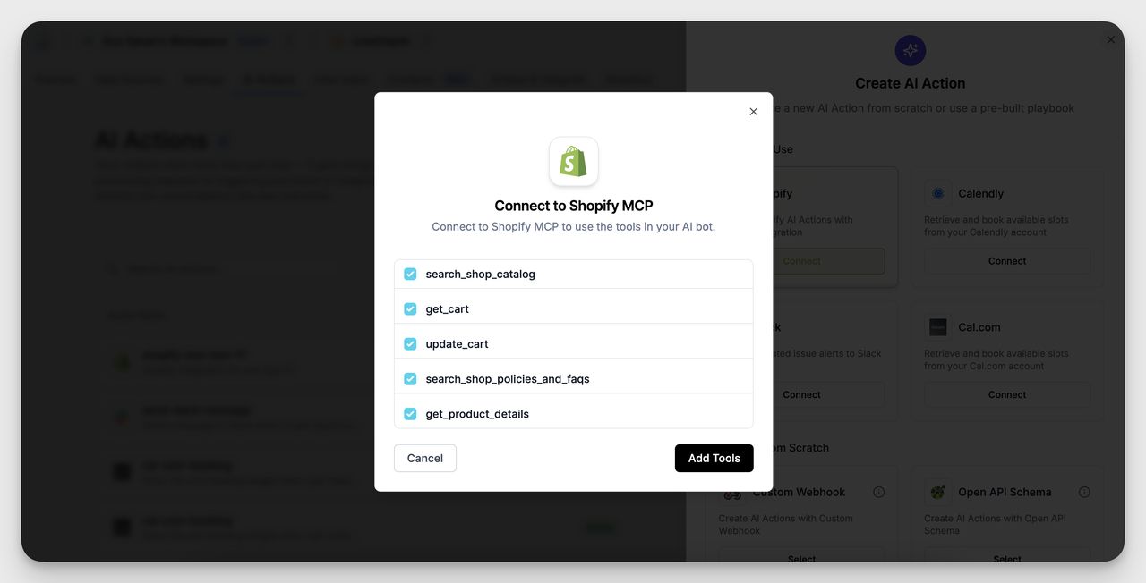 Tool selection window after connecting Shopify, showing options like search_shop_catalog, get_cart, and update_cart with checkboxes enabled.