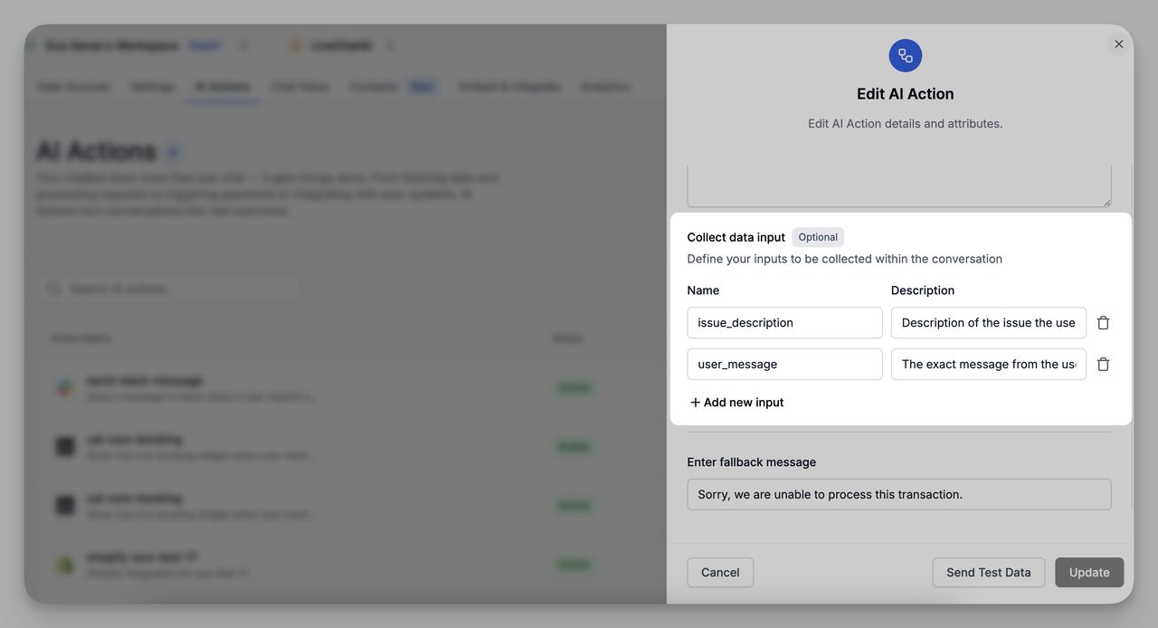 Input fields configuration for Slack AI Action, allowing collection of real-time user data like issue description and email.