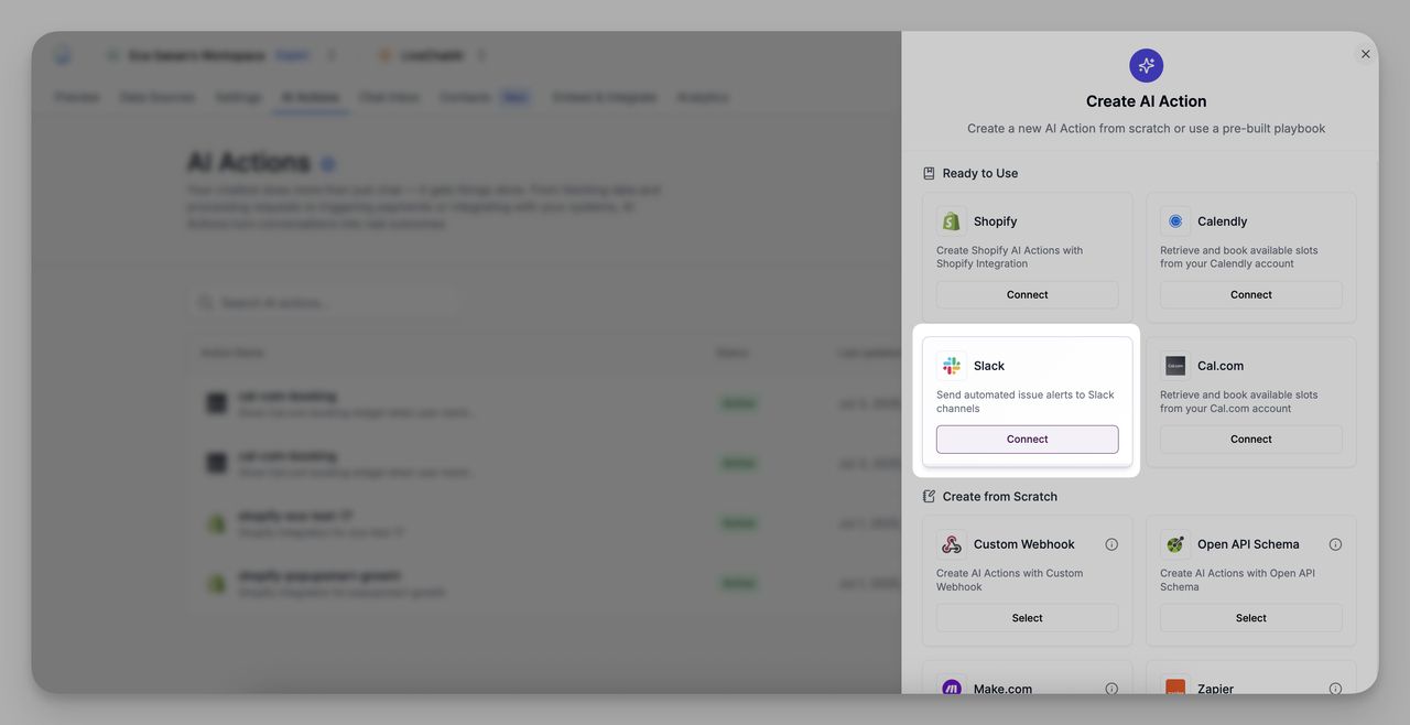 LiveChatAI dashboard showing AI Actions tab with Slack integration selected under Ready to Use section.