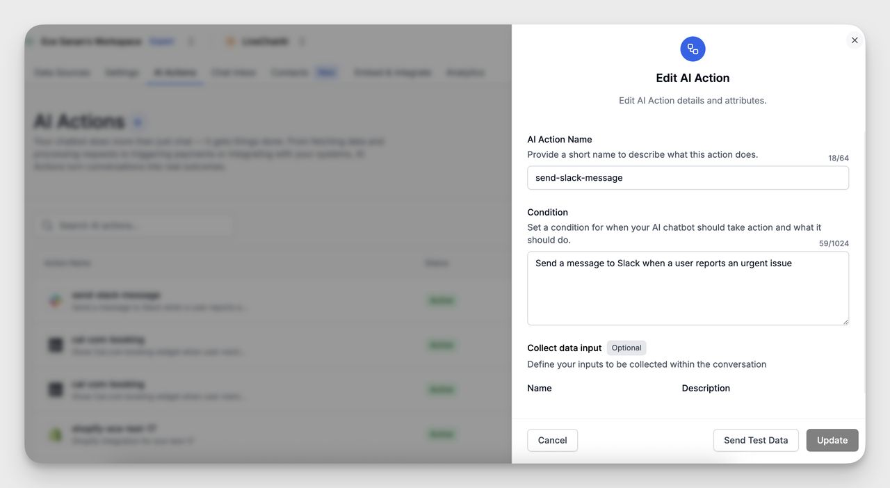 LiveChatAI AI Action setup screen for Slack showing configuration fields like name and trigger condition.