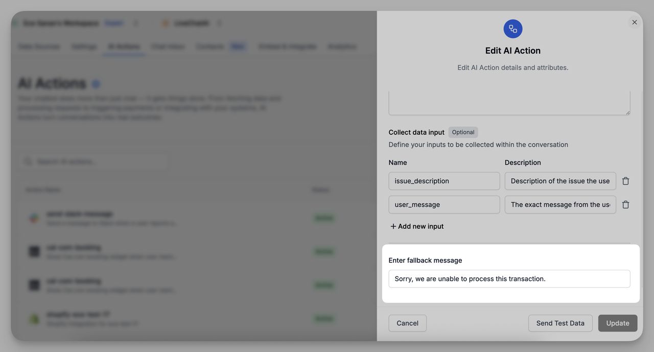 Fallback message field in Slack AI Action configuration, used when a message cannot be sent successfully.