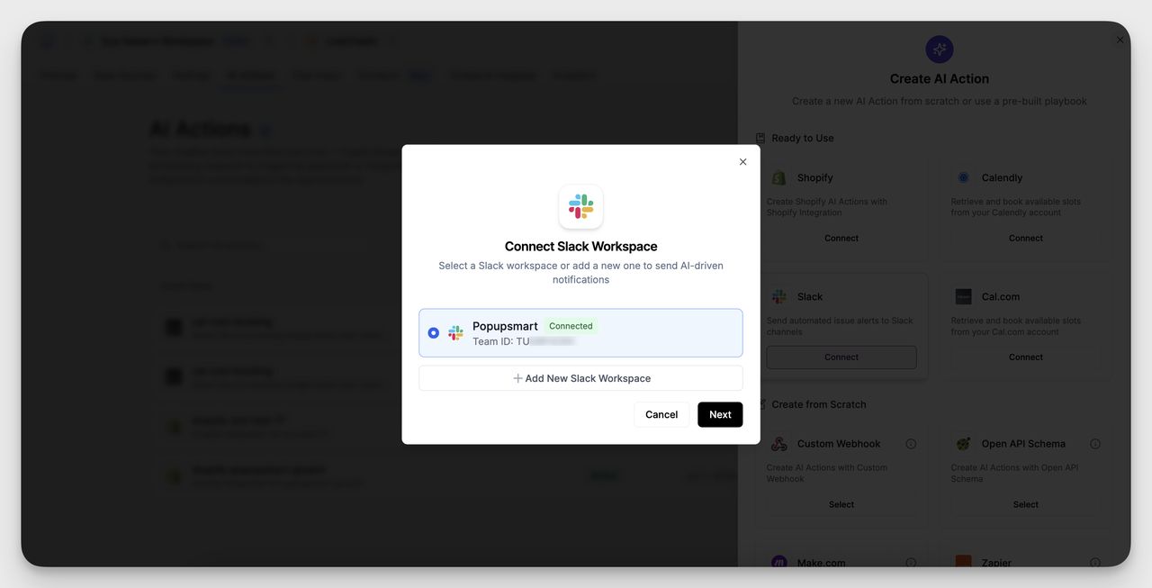 Slack integration modal displaying connected workspace Popupsmart and the option to add a new Slack workspace.