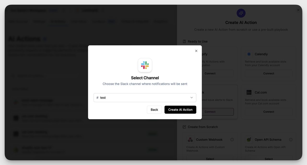 Slack channel selection screen where users choose a channel to receive AI-driven notifications inside LiveChatAI.