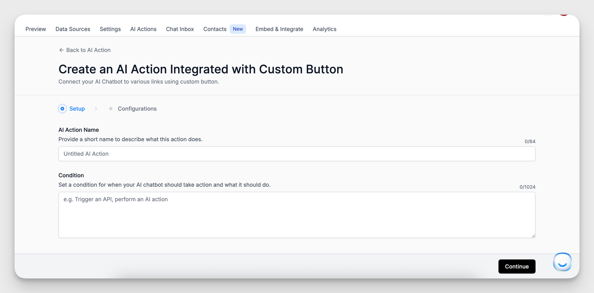 Setup screen for creating a Custom Button AI Action in LiveChatAI with fields for Action Name and Condition.