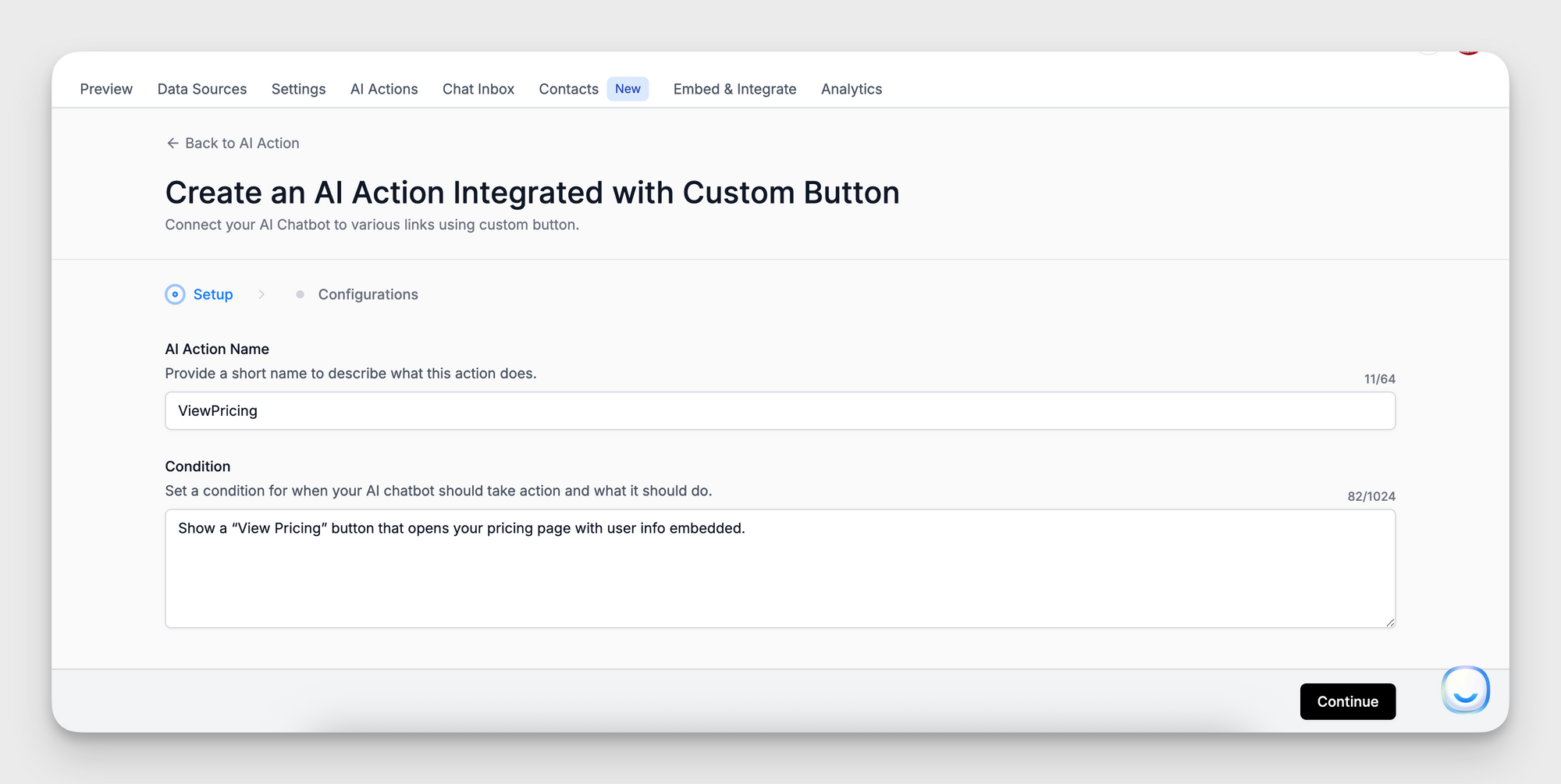 Example Custom Button AI Action setup in LiveChatAI named ViewPricing with condition to display a pricing button.