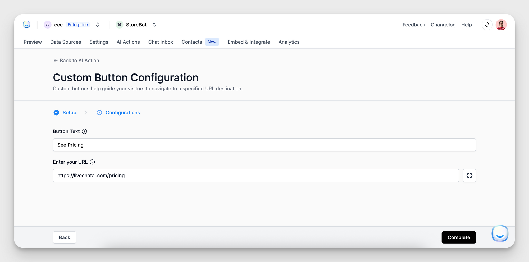 Custom Button configuration in LiveChatAI with button text “See Pricing” and destination URL for pricing page.