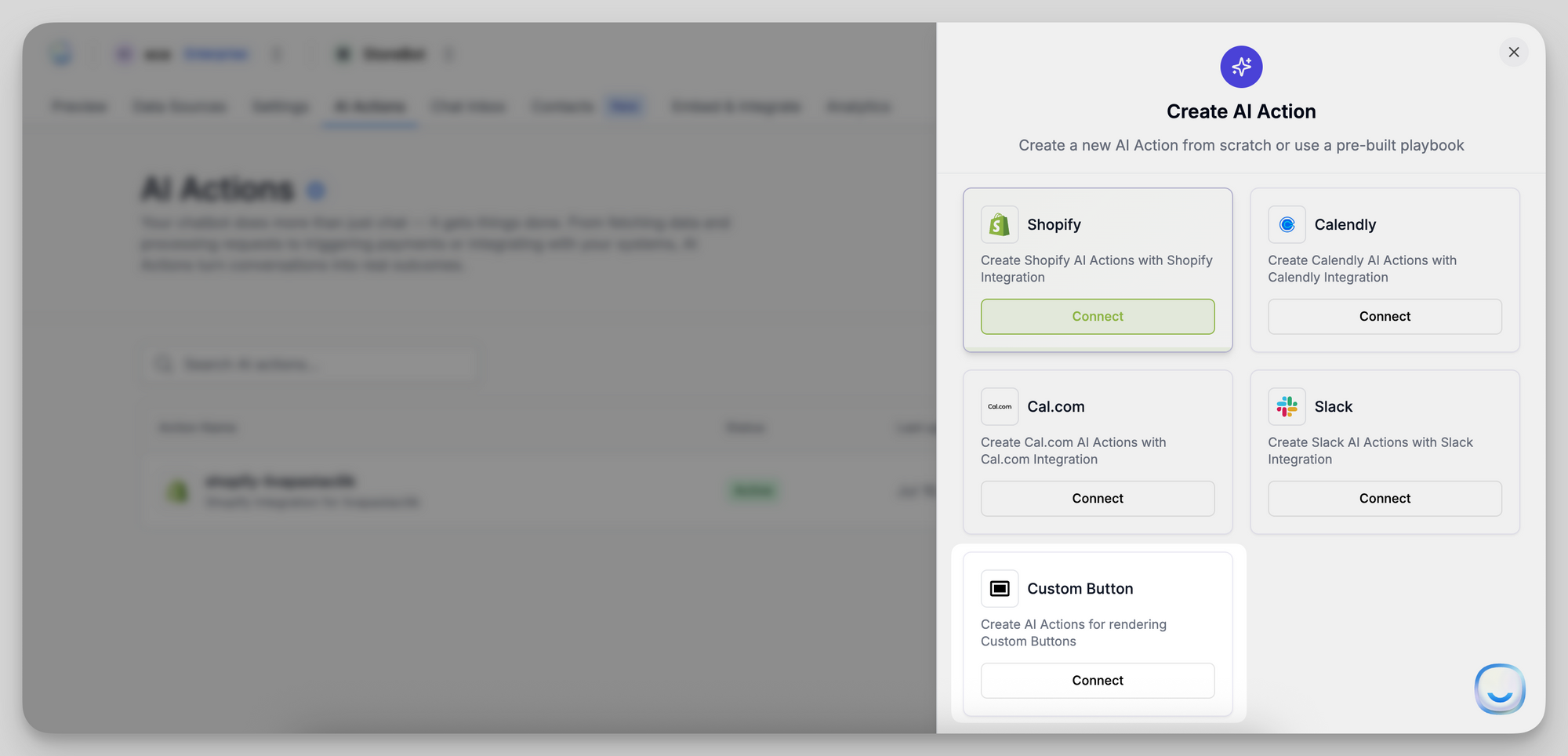 LiveChatAI dashboard showing AI Action creation options including Shopify, Calendly, Slack, and Custom Button integration.