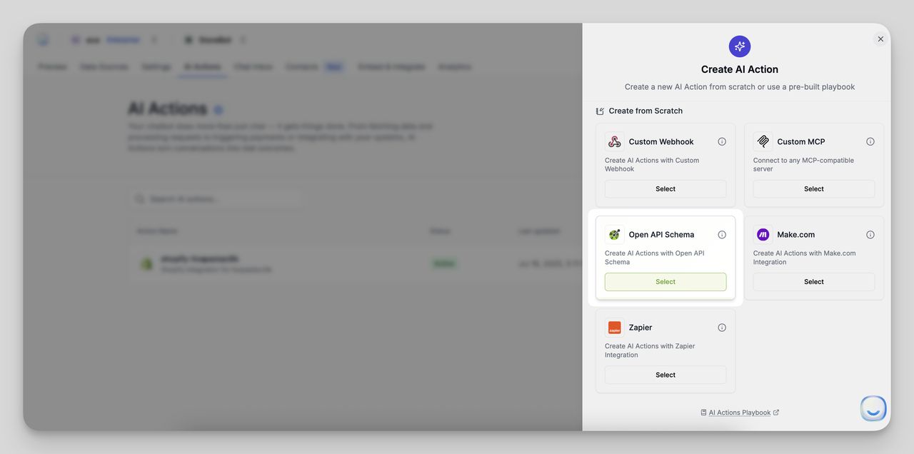 Screenshot of LiveChatAI dashboard showing how to create a new AI Action, including options like OpenAPI Schema, Custom Webhook, Zapier, and Make.com