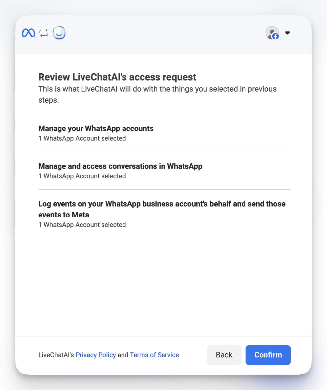 Review LiveChatAI access request on Meta—permissions to manage WhatsApp accounts, conversations, and events.
