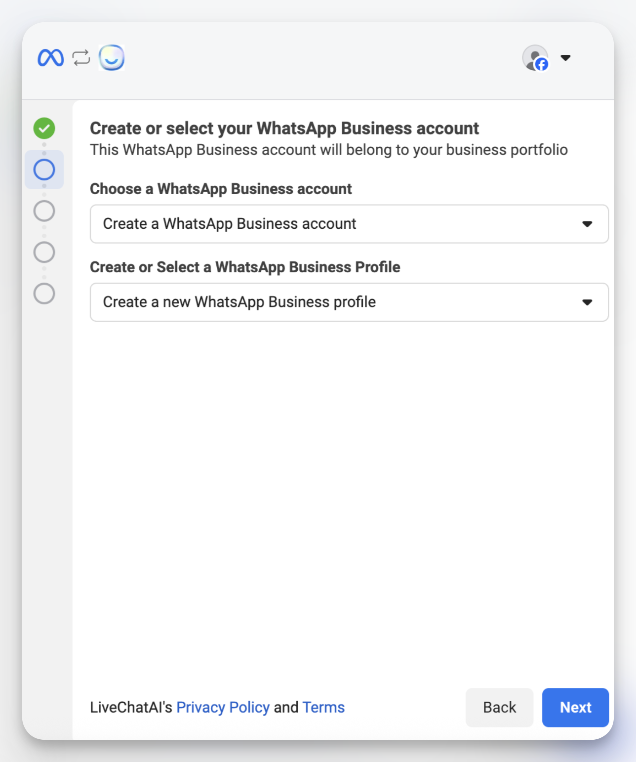 Create or select WhatsApp Business account and profile step in Meta flow for LiveChatAI WhatsApp integration.