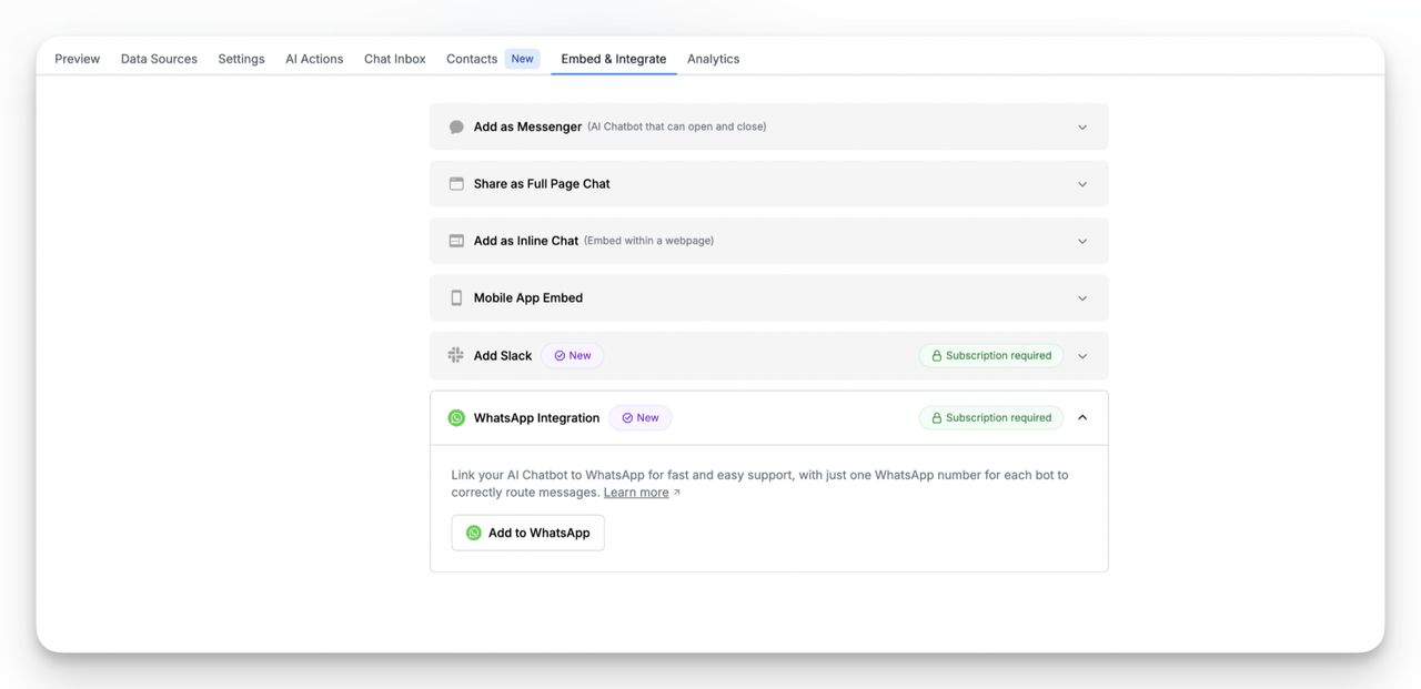LiveChatAI dashboard → Embed & Integrate tab showing WhatsApp Integration card with ‘Add to WhatsApp’ button.