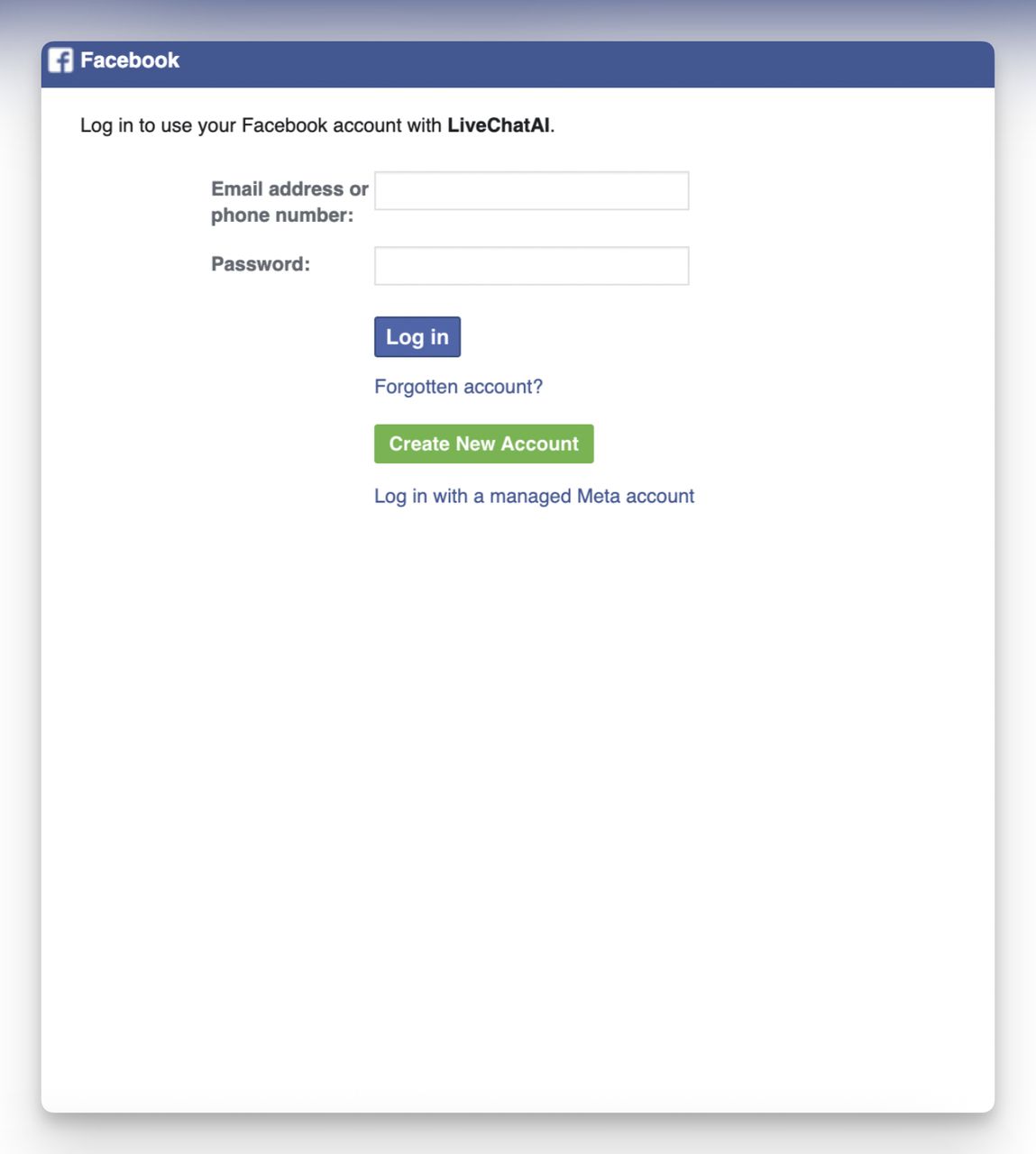 Facebook login screen to connect LiveChatAI for WhatsApp integration (email/phone and password).