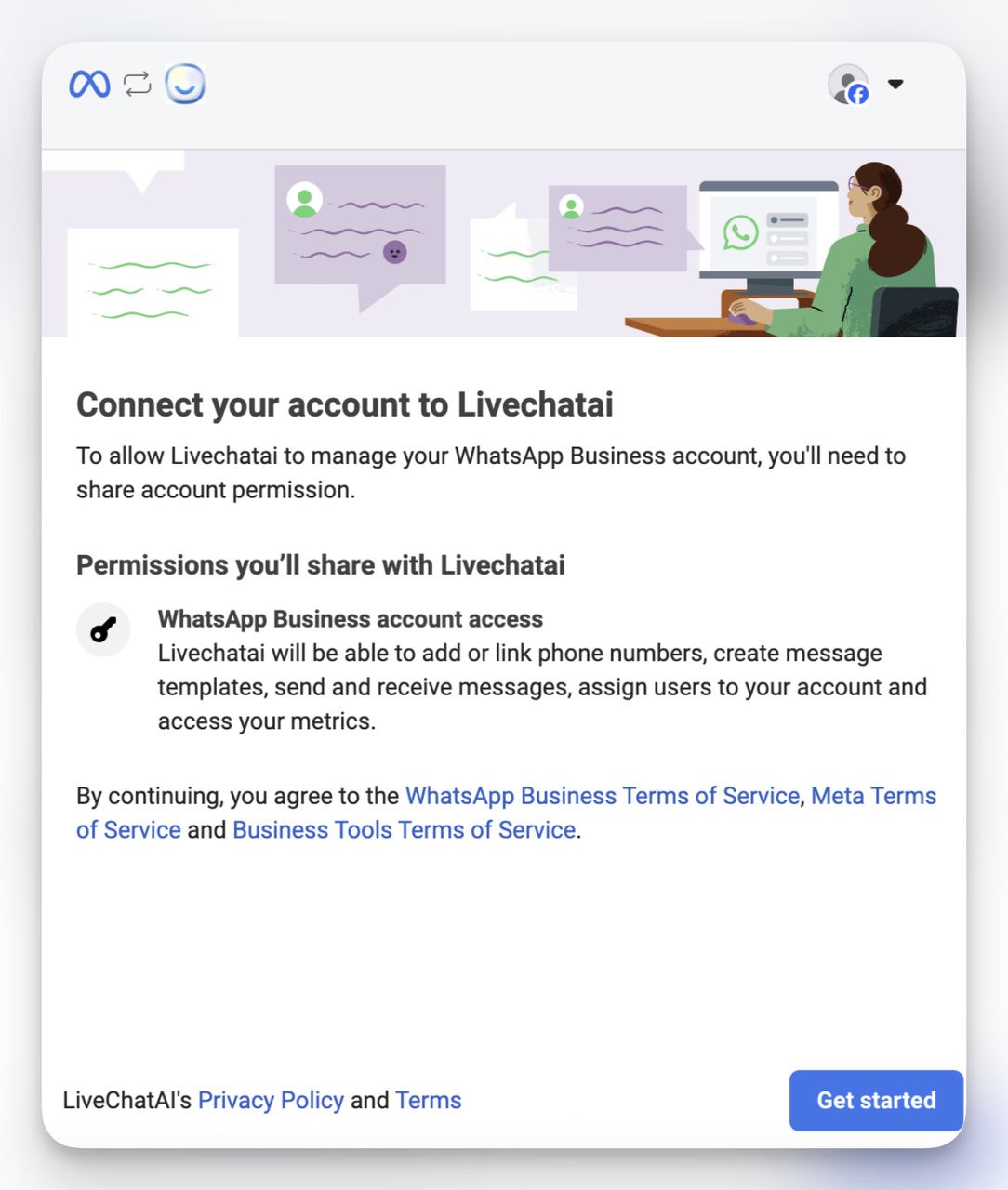 Connect your account to LiveChatAI page on Meta—WhatsApp Business account access
