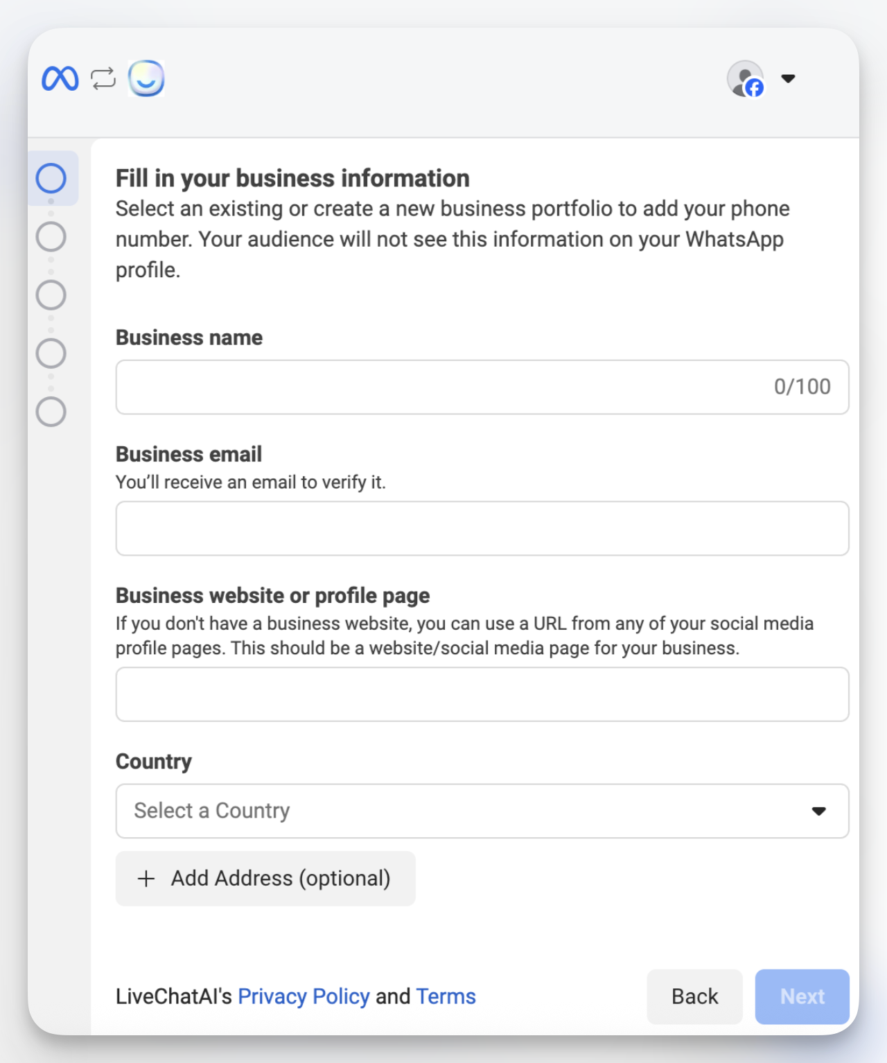 Fill in business information form (name, email, website, country) during WhatsApp Business setup on Meta