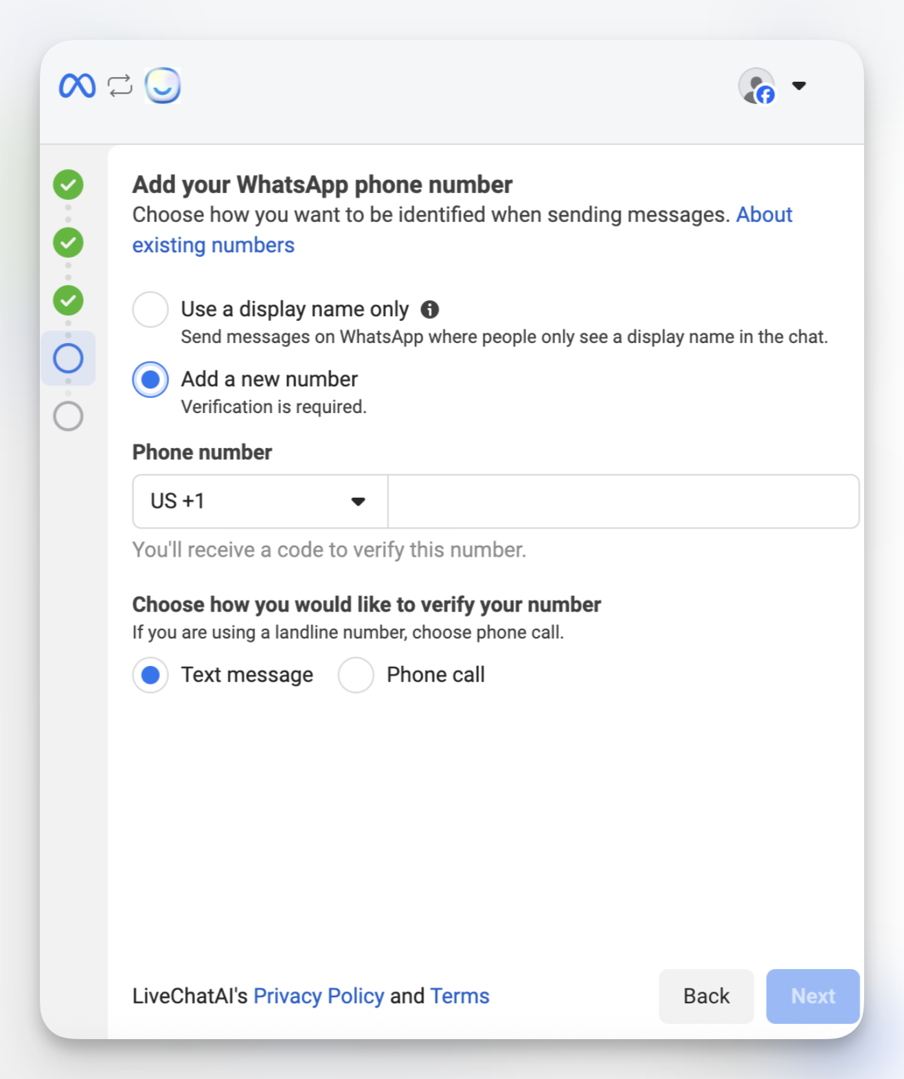 Choose identification method: use display name only (review required) or add a new WhatsApp number in Meta setup.