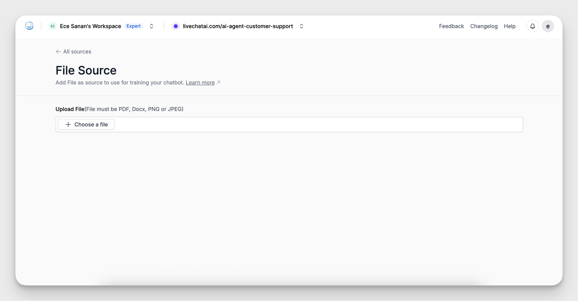 LiveChatAI interface for uploading PDF or DOCX files as training sources