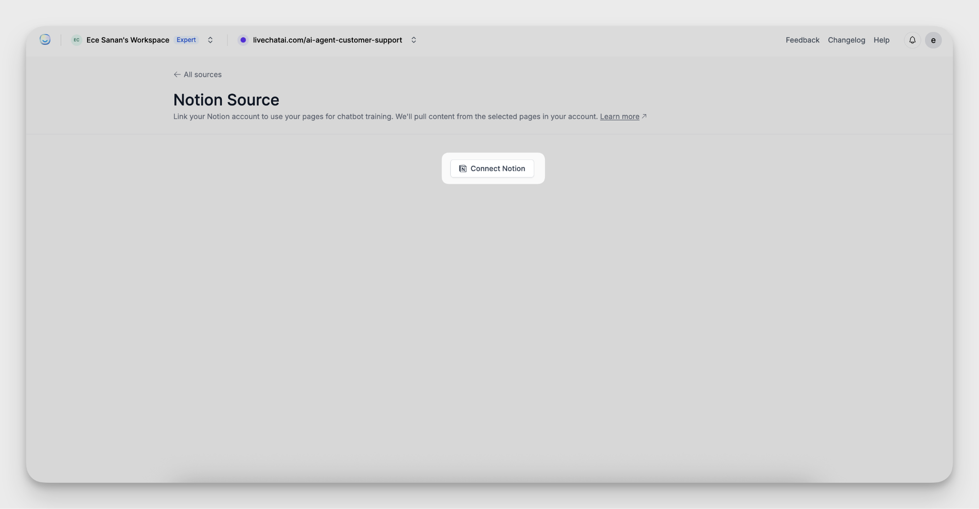 Notion integration screen in LiveChatAI with Connect Notion button