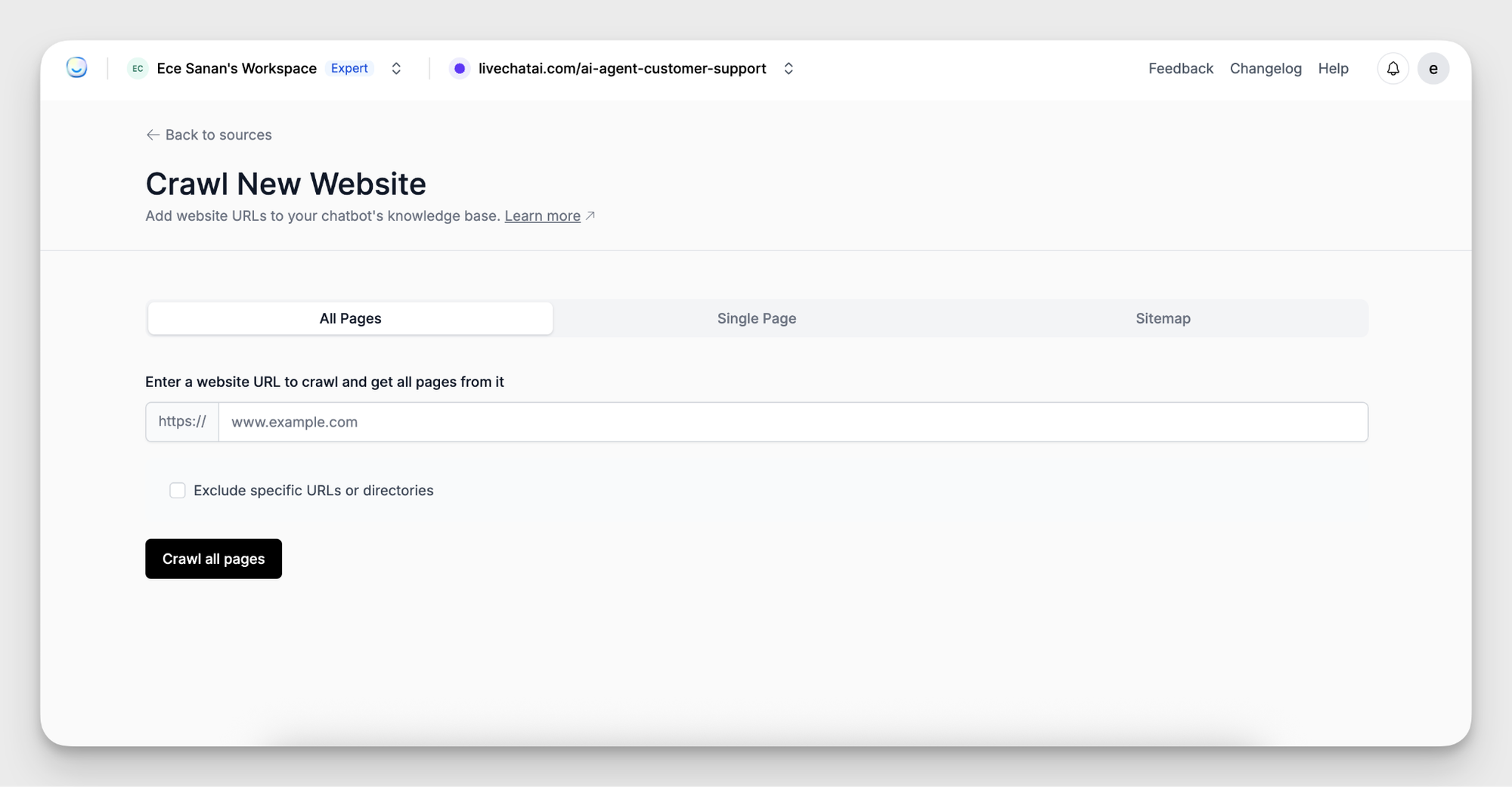 Website data source configuration in LiveChatAI with crawl options for All Pages, Single Page, and Sitemap