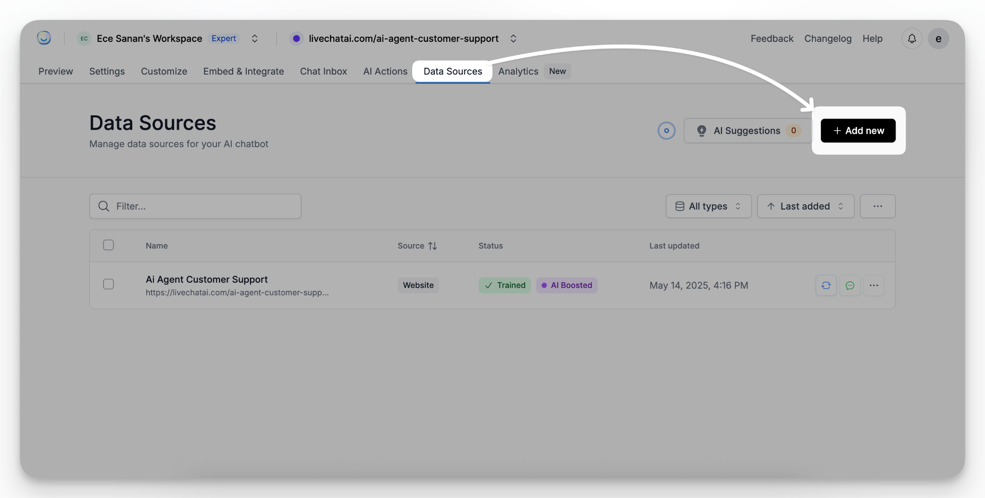 Guide showing how to open Data Sources and click Add New in LiveChatAI