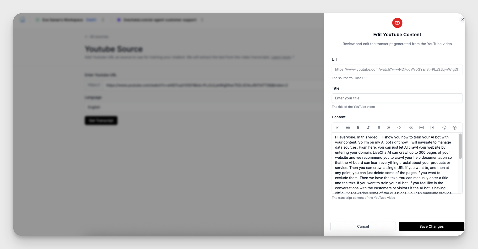 YouTube source input in LiveChatAI showing transcript auto-generation for chatbot training
