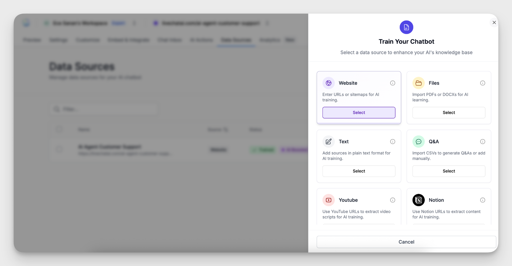Data source type options in LiveChatAI including Website, Files, Q&A, Text, YouTube, and Notion