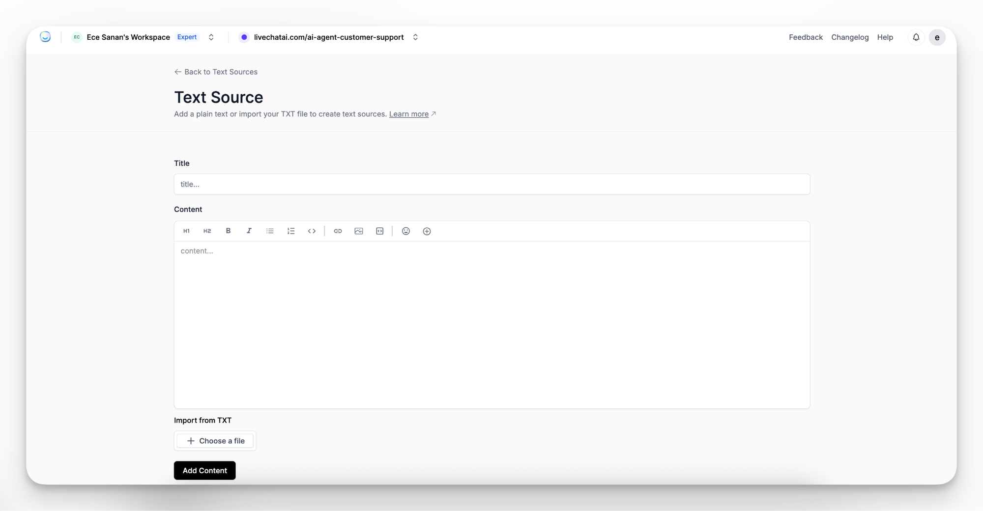 Text source editor in LiveChatAI with fields to input or paste training content